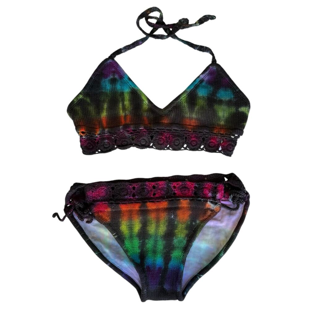 Womens Bikini Swimsuit Size S/M Handmade Tie Dye Halter Black Rainbow Brand New